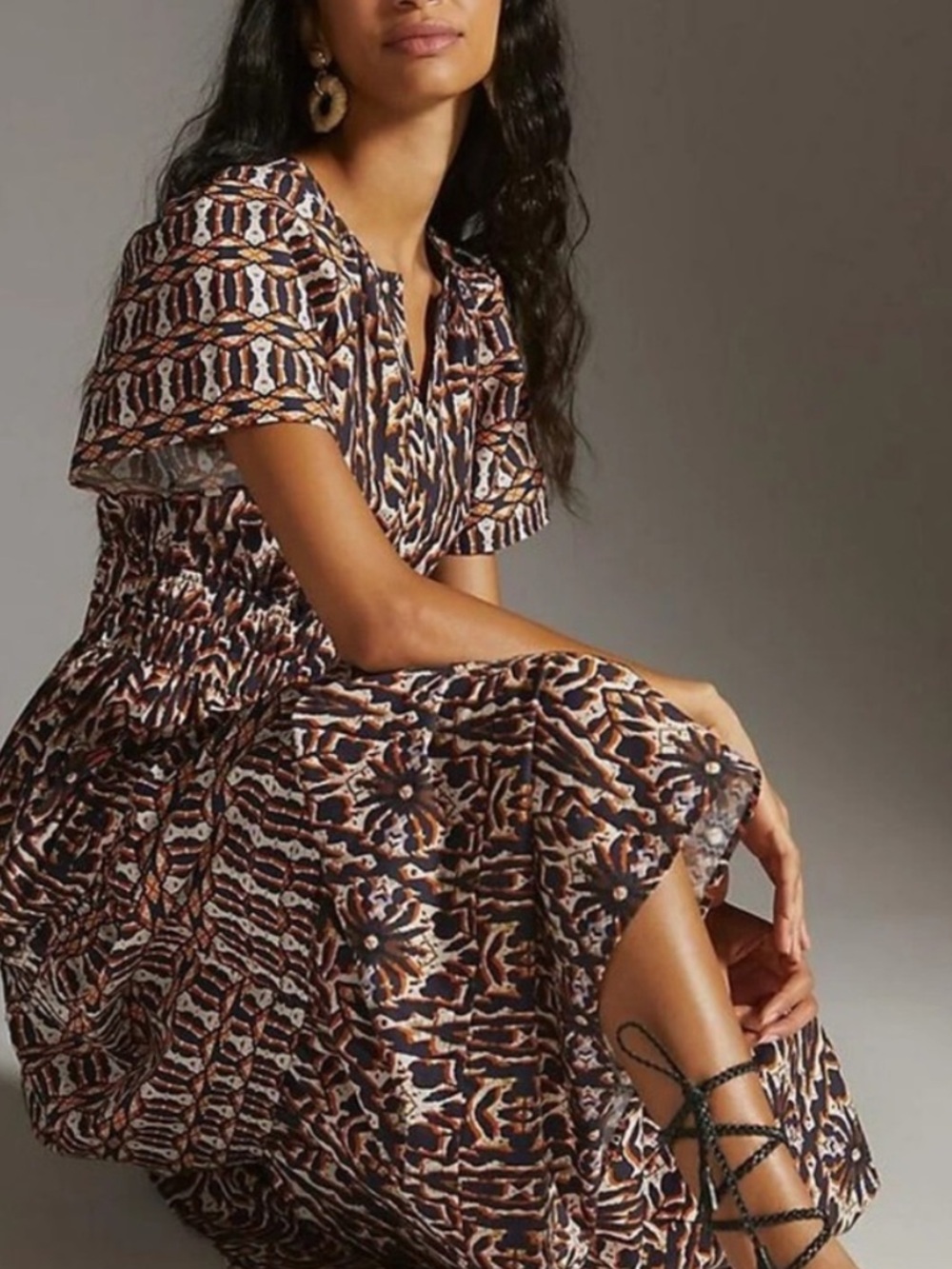 Anthropologie Maeve Somerset Maxi Orange Navy Geometric Print Dress. Size Small.